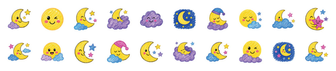 Naklejka premium Cute collection of hand-drawn moon, star, and cloud characters with smiling and sleepy faces, illustrated in a whimsical crayon texture for a sweet and dreamy bedtime concept