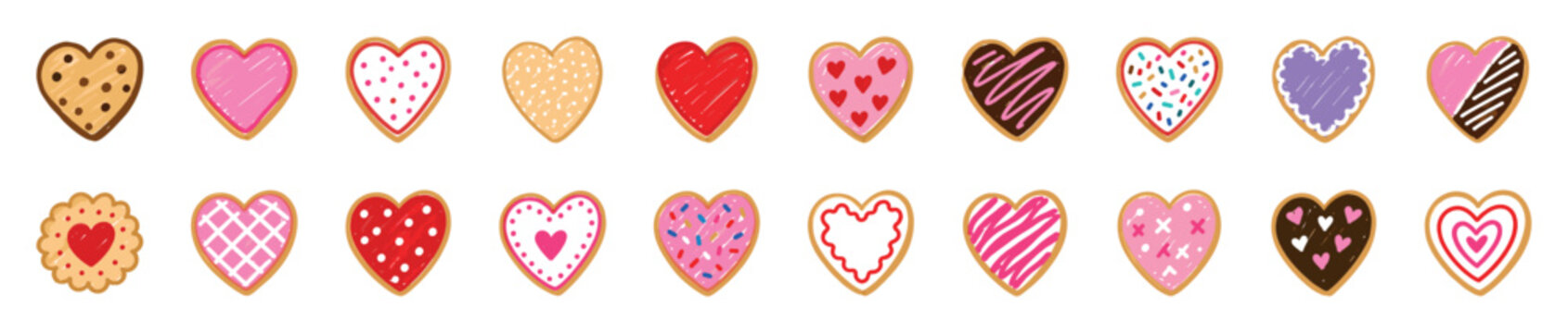 Collection of colorful heart-shaped cookies with various icing designs and sprinkles, illustrated in a cute, hand-drawn style for Valentine's Day celebrations and romantic themes