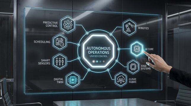 Futuristic interactive transparent glass screen displaying business automation and artificial intelligence flowchart options with business technology