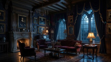 Naklejka premium Gothic Parlor Serenity: A richly decorated Gothic parlor, illuminated by a warm fireplace and ambient lamps, features antique portraits adorning the walls and large.