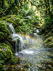 Naklejka premium Mossy Forest Waterfall with Subtle Rainbow in Lush Green Tropical Woodland