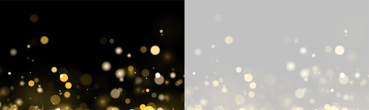 Bokeh circles create a shimmering light effect with golden and white tones. The scattered orbs vary in size and intensity on a dark background. This image is ideal for festive or.
