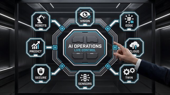 Futuristic AI operations control panel interface with digital touch screen and user hand AI operations user interaction sci fi futuristic technology high tech