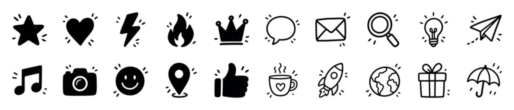 Collection of black hand-drawn doodle icons featuring various symbols like a heart, star, rocket, and camera, all presented in a charming and sketchy artistic style