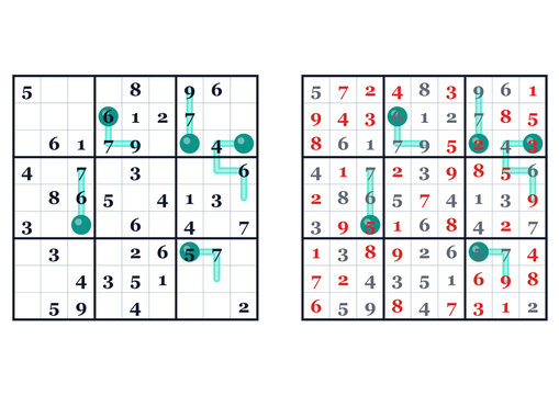 Sudoku puzzle with highlighted numbers and solutions  