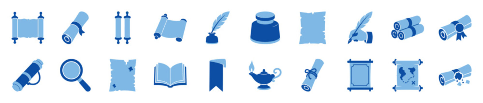 Collection of blue historical writing icons including scrolls, parchment paper, a quill pen, inkwell, open book, and an ancient oil lamp in a flat graphic style