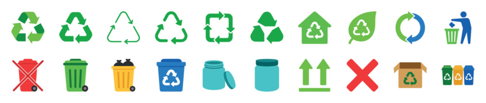 Set of colorful flat design icons for recycling, waste management, and ecology, showing various symbols, trash bins, and sorting containers for environmental concepts