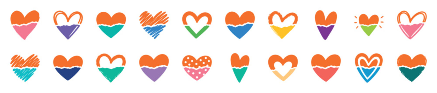 Collection of colorful hand-drawn hearts with a torn paper effect and various textures like scribbles and polka dots, perfect for romantic or artistic designs