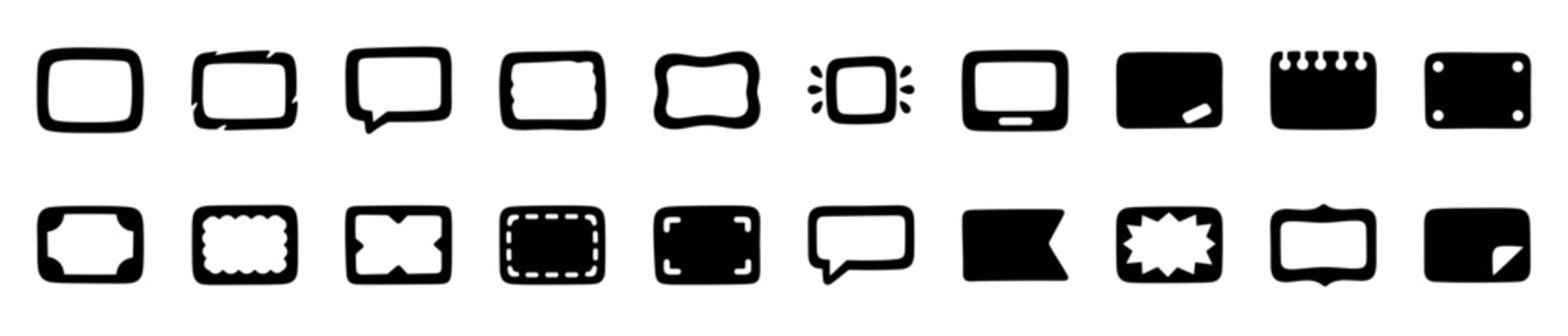 Twenty hand-drawn black and white rectangular icons and frames showing various label, border, and speech bubble designs in a simple minimalist graphic style