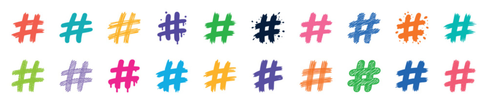Colorful collection of hand-drawn hashtag symbols in various artistic styles like brush strokes, paint splatters, and scribbles representing social media communication