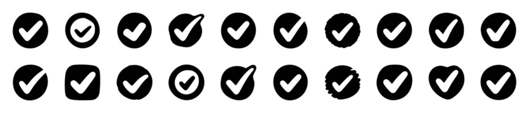 Diverse set of black checkmark icons with a hand-drawn, graphic style, featuring various circular, square, and heart shapes for confirmation and approval symbols