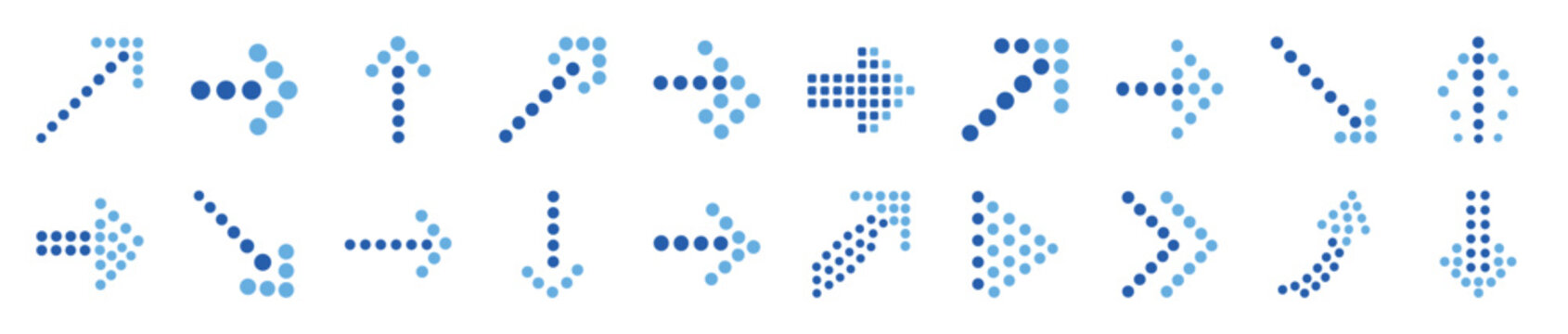 Large collection of blue dotted arrows and pointers in various directions, a modern set of graphic icons for navigation, direction, and user interface design elements