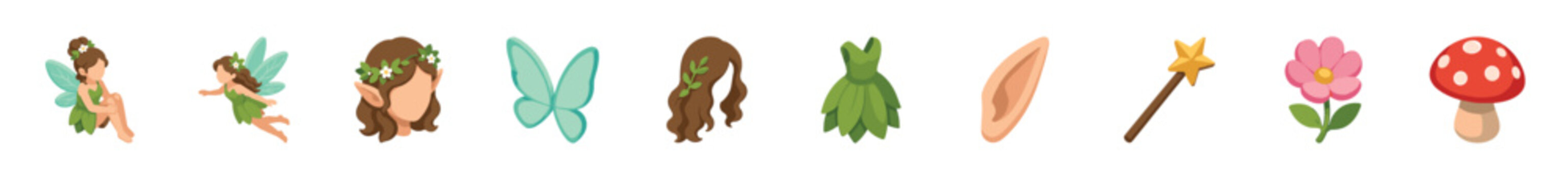 Collection of cute cartoon fairy icons including a pixie, wings, a leaf dress, a magic wand, a flower, and a mushroom for a fantasy or fairytale theme