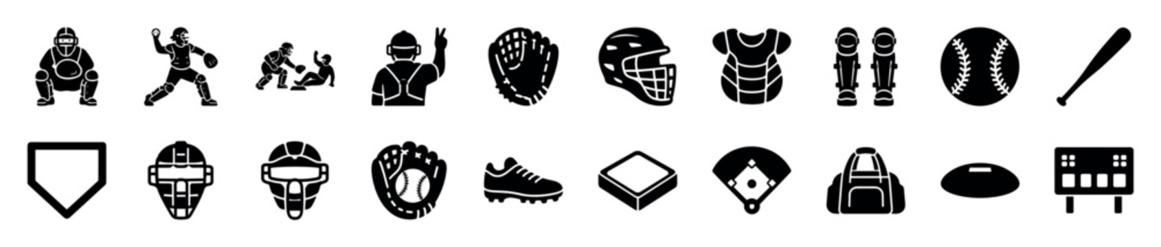 Collection of black baseball glyph icons showing players and equipment for the sport, including a catcher, pitcher, umpire, bat, ball, glove, helmet, and home plate