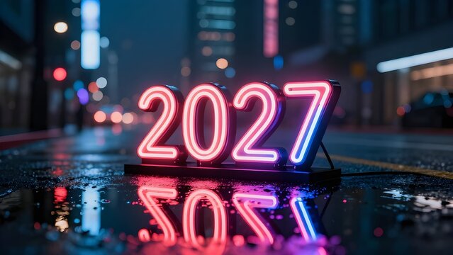 Multicolored 2027 neon sign reflecting in puddles on a dark city street.