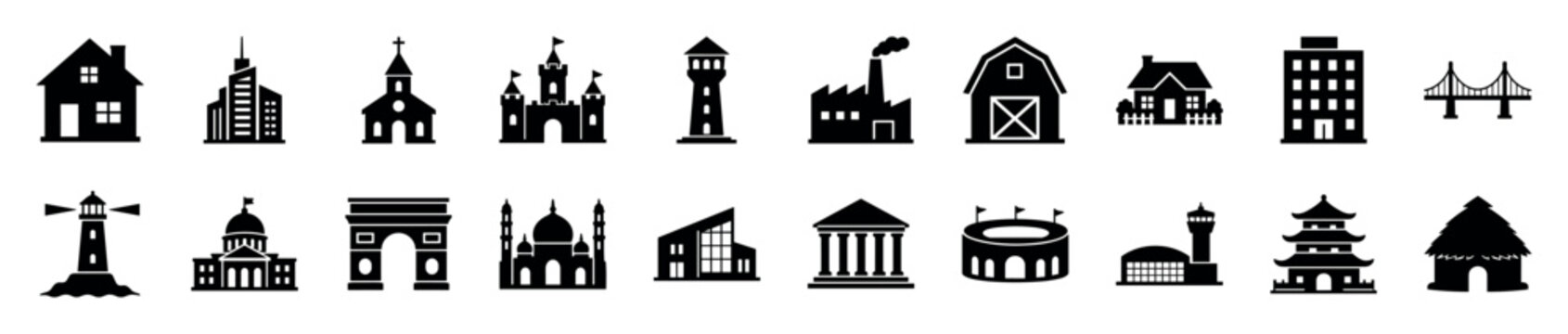 Collection of black building silhouette icons representing diverse architecture, including residential homes, commercial skyscrapers, historical landmarks, and industrial factories