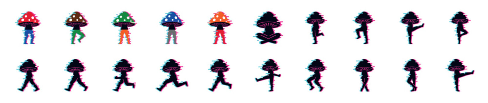 Set of anthropomorphic mushroom characters in various poses like walking, running, and yoga, presented as colored illustrations and black silhouettes with a modern glitch effect