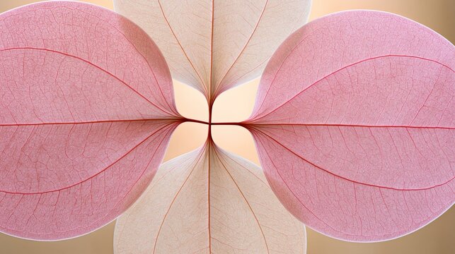Symmetrical arrangement of four translucent pink and beige skeleton leaves with visible detailed vein structure on soft beige background creates delicate natural abstract art