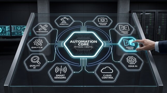 Futuristic automation core touch screen control desk interface operated by human hand with user interaction sci fi futuristic technology digital interface high tech