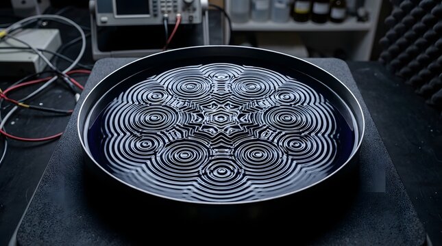 Intricate cymatic water patterns vibrating in a round metal container create hypnotic circular waves under bright professional laboratory studio lighting