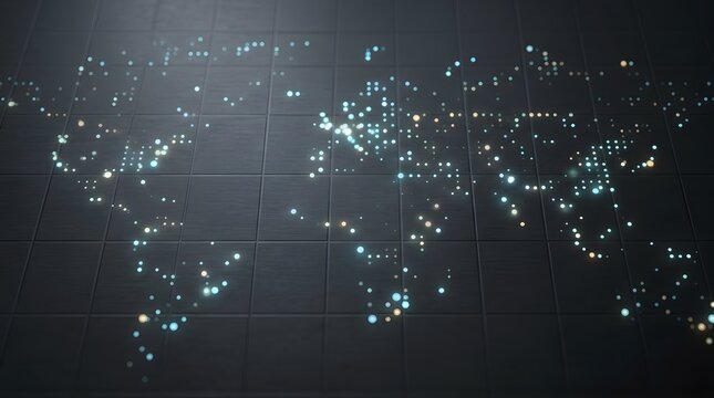 Digital world map composed of glowing blue and gold dots illuminated on a dark tiled surface with cinematic perspective blur