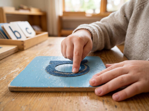 Child tracing tactile sandpaper letter C on wooden board