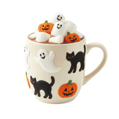 Fototapeta premium A festive halloween mug filled with hot chocolate and decorated with pumpkin and ghost shaped marshmallows