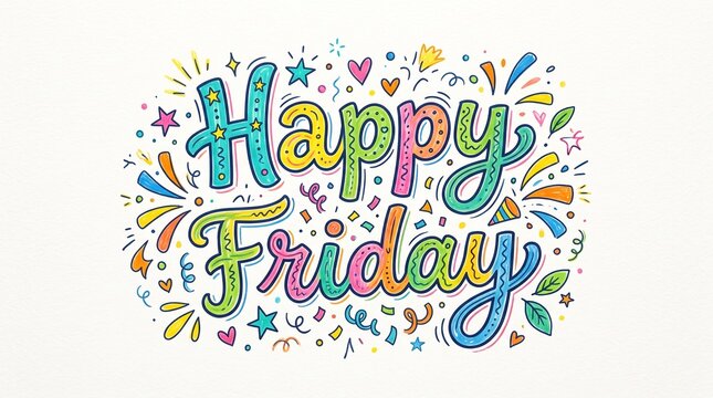 Happy Friday Hand Lettered Typography with Confetti and Stars