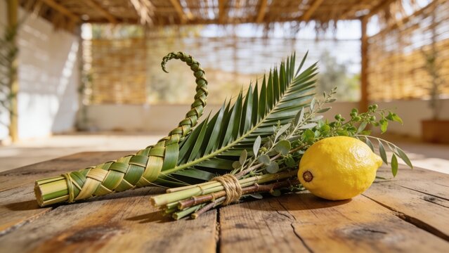 Traditional Lulav and Etrog on a Rustic Wooden Table for the Jewish Holiday of Sukkot