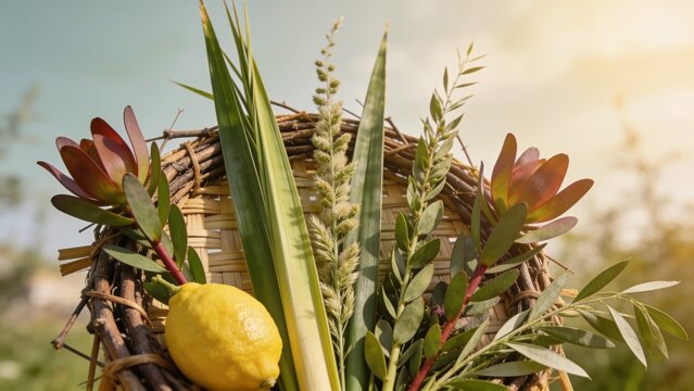 Woven Basket Holding the Four Species of Sukkot with Etrog and Palm in Sunlight