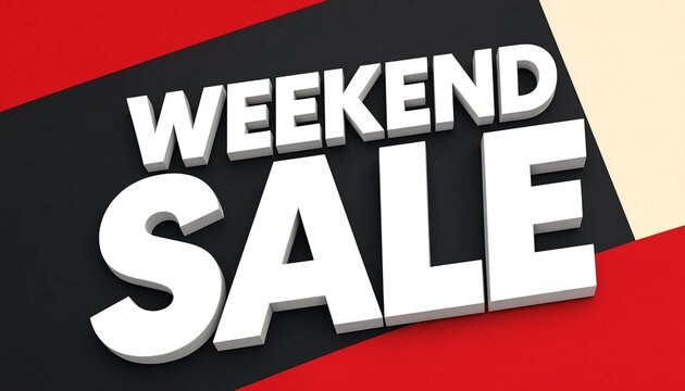 Weekend sale dynamic promotional banner with bold white 3D text on black and red background 3D text sale typography weekend offer shopping promo special discount promotional background