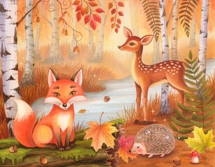 Naklejka premium Whimsical Woodland Animals in Autumn – Hand-Painted Watercolor Storybook Illustration