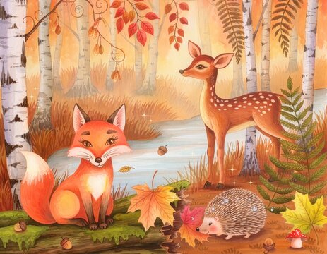 Whimsical Woodland Animals in Autumn &ndash; Hand-Painted Watercolor Storybook Illustration
