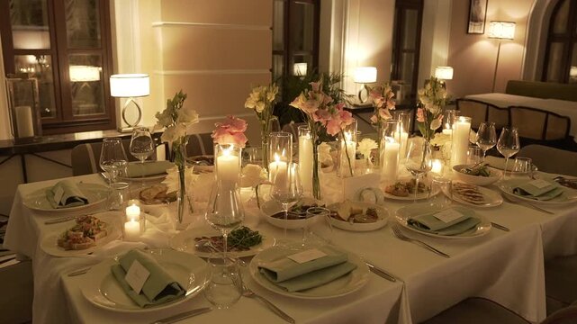 Candlelit banquet table with floral centerpiece and folded napkins in warm interior, with dining, candle, table, flower detail, showing vase, glassware, napkin, plate context