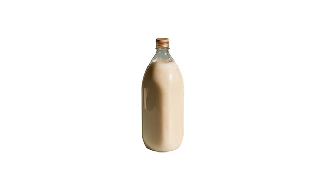 Glass bottle filled with creamy white liquid beverage with cork stopper on transparent background