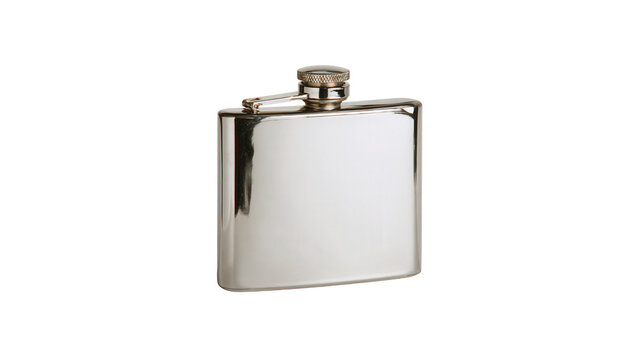 Shiny metal hip flask container isolated with polished silver metal on transparent background