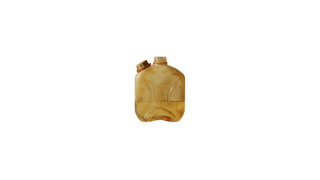 Dirty plastic jerrycan with yellow liquid with partially filled yellowish on transparent background