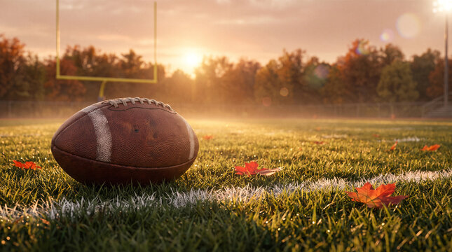 Football rests on a green grass field under a warm autumn sunset with a goalpost.