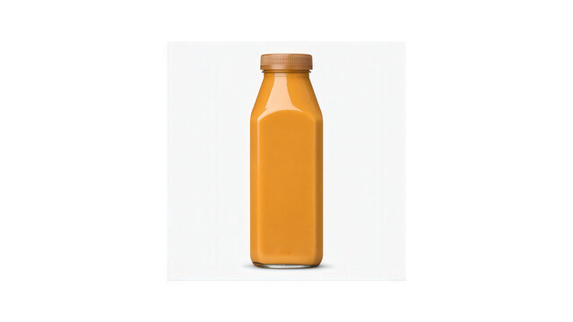 Orange liquid in a square glass bottle with beverage centered transparent on transparent background