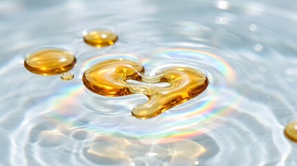 Naklejka premium Radiant golden oil droplets float delicately upon clear water creating mesmerizing rainbow light refractions with soft ripples and liquid textures