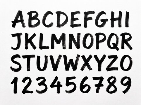 Bold handwritten alphabet letters and numbers set in a marker style on a clean white background, ideal for educational resources and graphic design