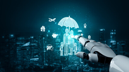 Futuristic Robot Hand Reaching Out to Digital Family Icons Representing Protection, Safety, and...