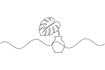 Obraz premium Monstera leaf one line art continuous drawing exotic tropical plant design
