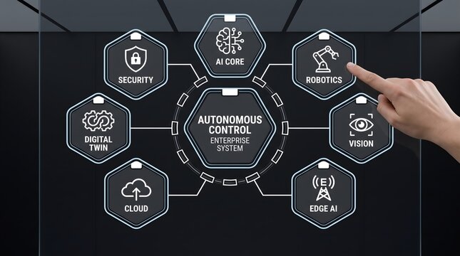 Autonomous control system interface with hexagonal module icons and connected network analytics hexagonal modules futuristic technology touch screen human hand operational dat