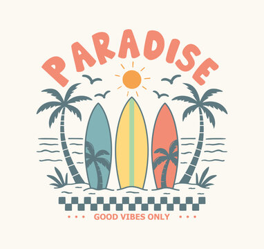 Retro summer beach badge with surfboard, palm tree, ocean wave and sun in a calm vintage style for t-shirt and apparel design