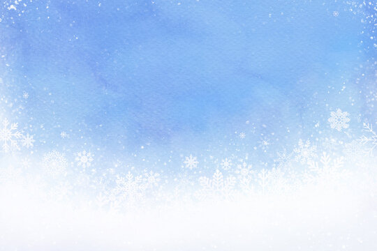  Watercolor Winter Blue Background with Bottom Snowflakes Border. Hand drawn frosty holiday abstract backdrop. December seasonal frame for ads, banner, poster, presentation, invitation, cover design. 