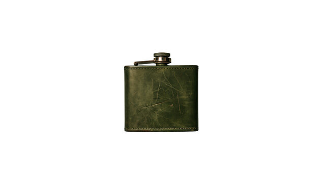 Green leather hip flask with flask wrapped distressed leather metal on transparent background