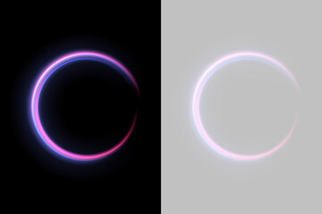 Two neon crescent ring shapes glow against a dark background. Bright pink and blue hues blend smoothly with a soft glowing effect. The image is suited for futuristic or cosmic digital. © Mirotvoric