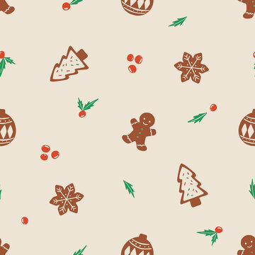 christmas pattern seamless gingerbread hand drawing christmas holly berry background