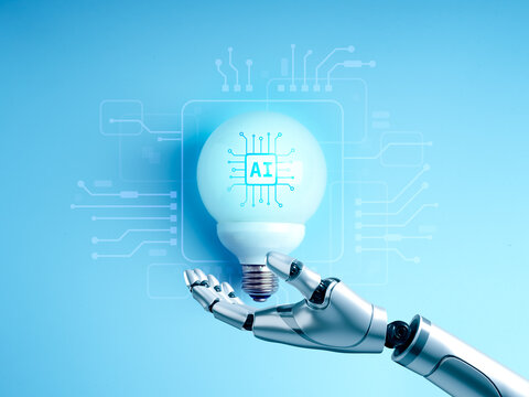 Robotic hand presents an AI light bulb surrounded by digital circuits on blue background. Product development, creative automation, technological innovation and future business solutions concept.